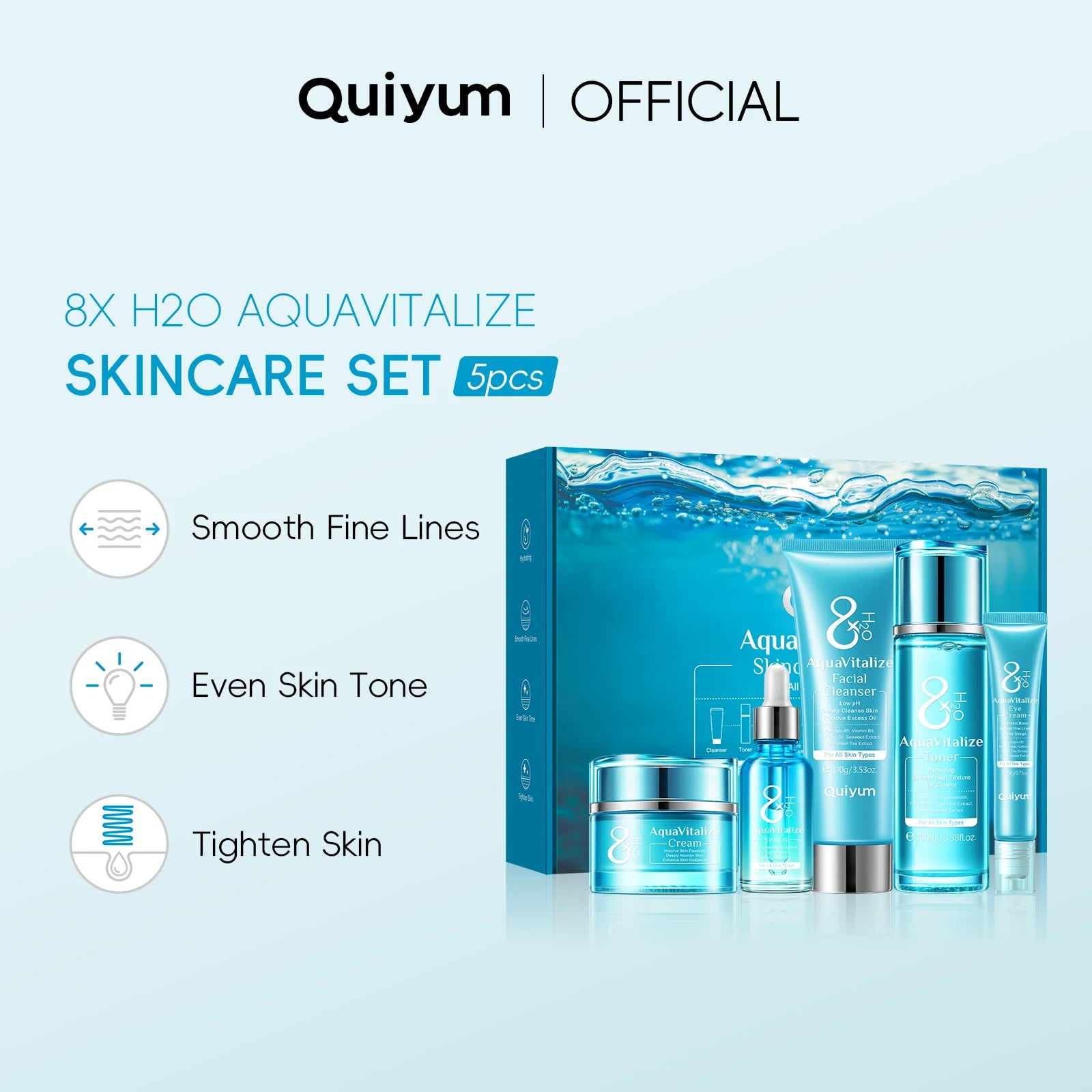 QUIYUM H₂O AquaVitalize Skincare Set 5PCS Deep Hydration Kit Wrinkle Smoothing Tightening Treatment Gift Set