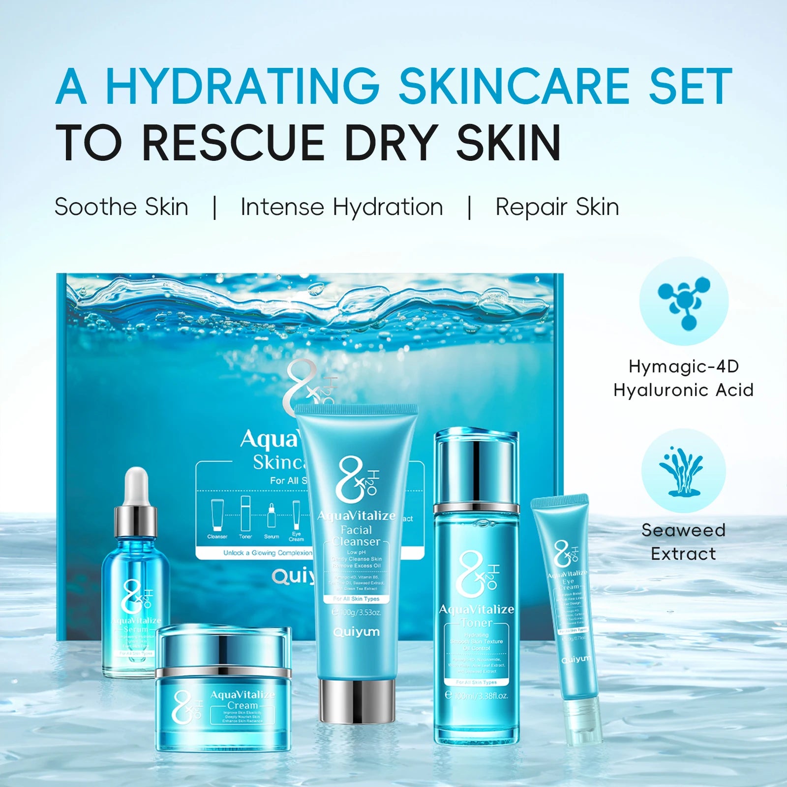 QUIYUM H₂O AquaVitalize Skincare Set 5PCS Deep Hydration Kit Wrinkle Smoothing Tightening Treatment Gift Set