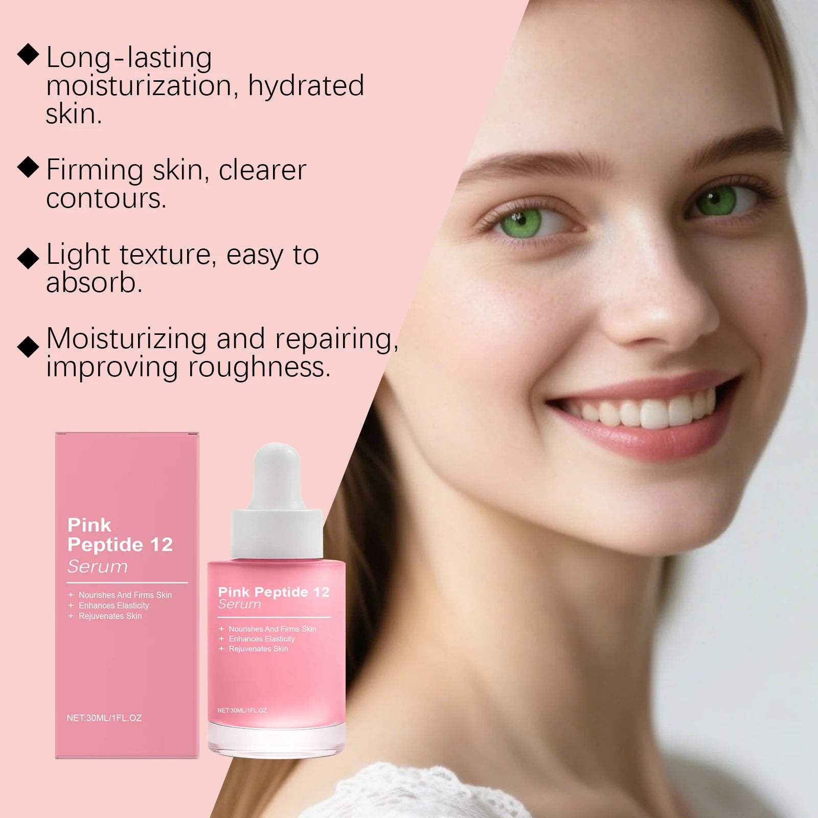 Pink Peptide 12 Serum Lifting Firming Hydrating Glowing Smooth Skin Tone Brightening Elasticity Skincare Face Serum