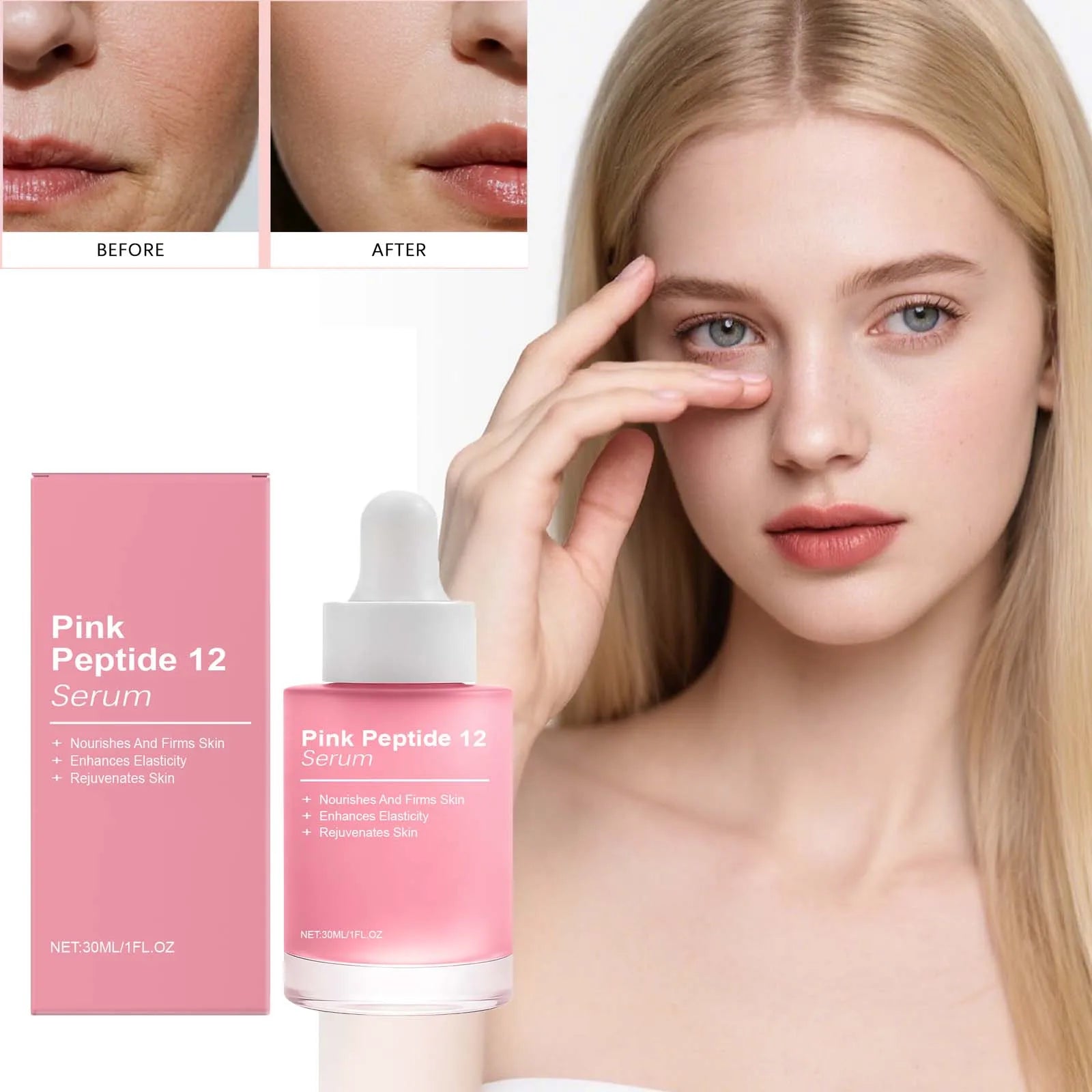 Pink Peptide 12 Serum Lifting Firming Hydrating Glowing Smooth Skin Tone Brightening Elasticity Skincare Face Serum